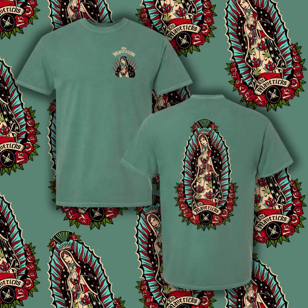 Green t-shirt with religious-themed graphic.