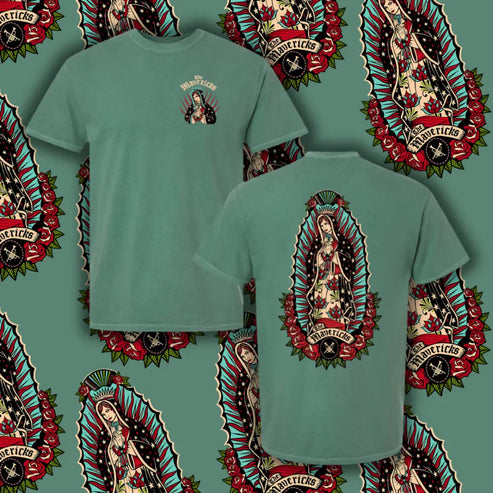 Green t-shirt with religious-themed graphic.