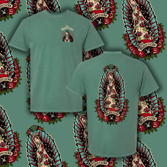 Green t-shirt with religious-themed graphic.