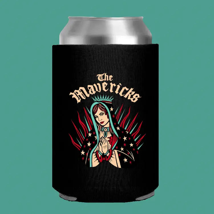 Black can cooler featuring a colorful illustration of a woman in a religious or spiritual style with the text ’The Mavericks’ above.