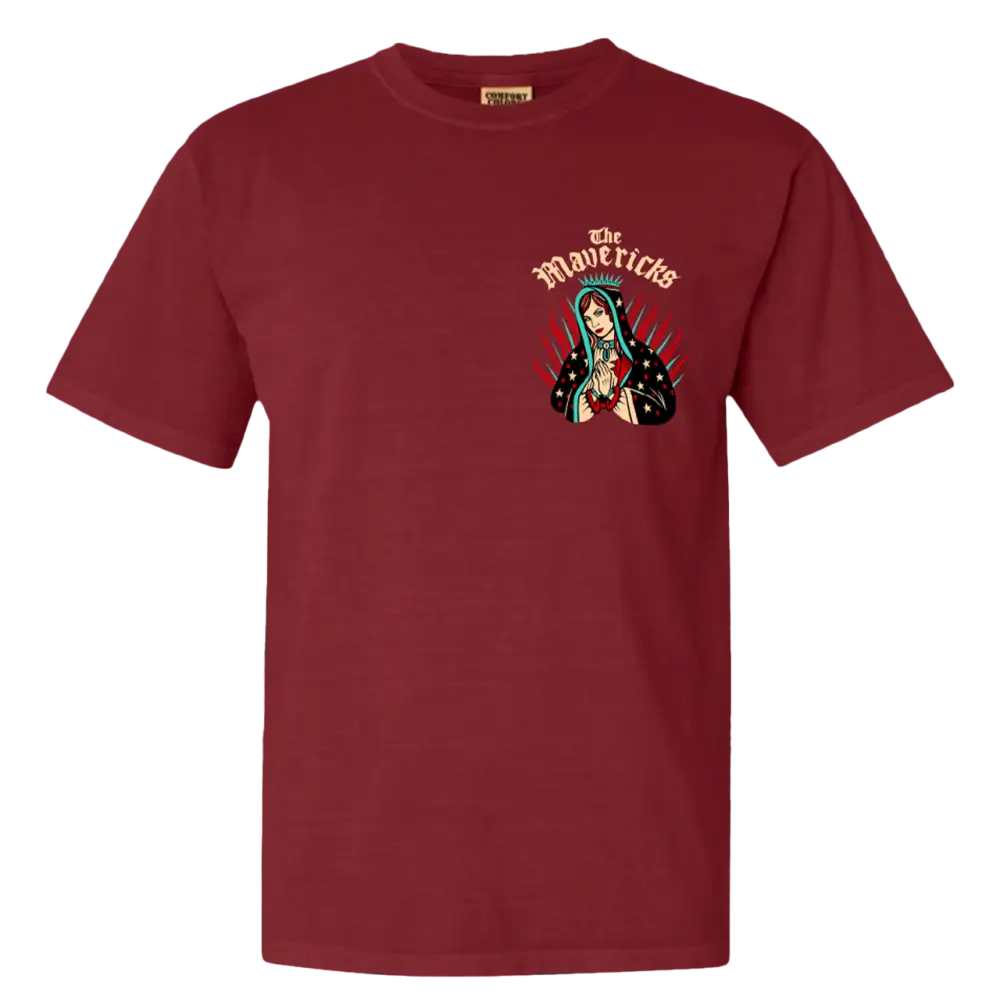 Maroon t-shirt with a colorful Virgin Mary graphic on the chest.