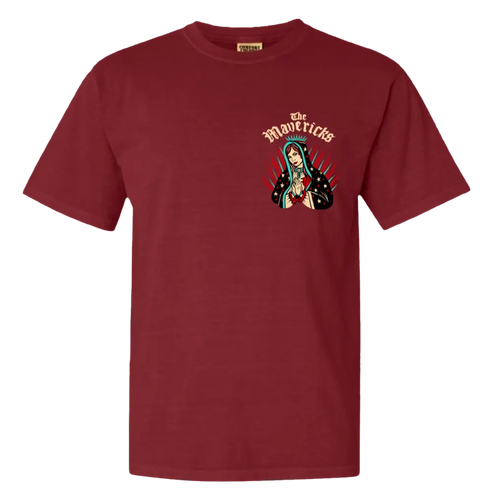 Maroon t-shirt with a colorful Virgin Mary graphic on the chest.
