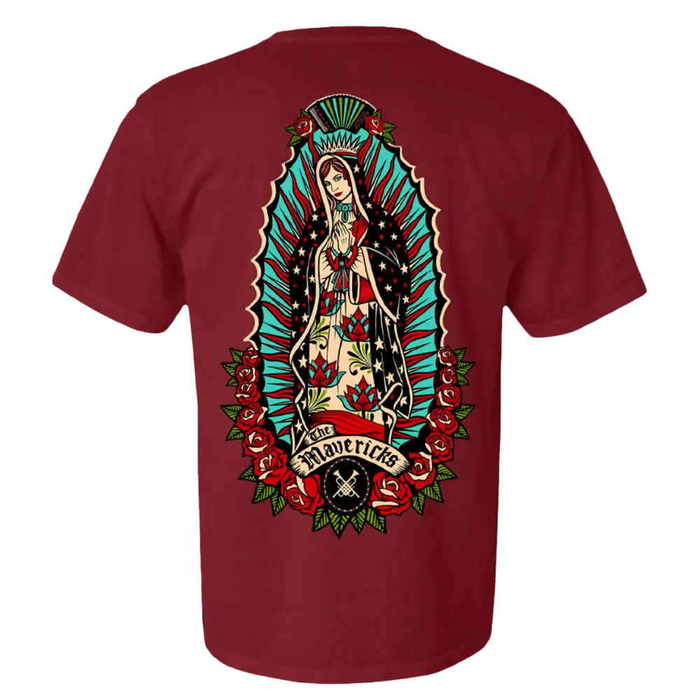 Maroon t-shirt with a colorful Our Lady of Guadalupe design on the back.