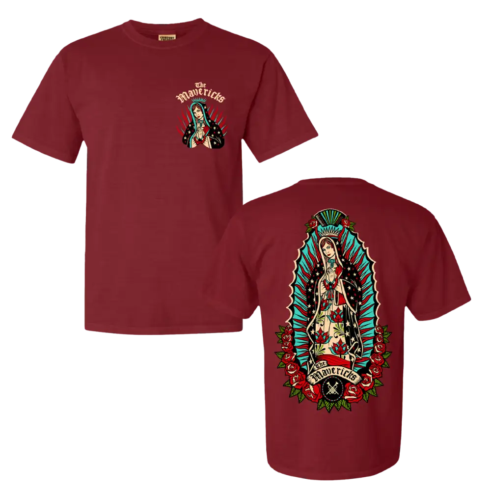 Maroon t-shirt featuring religious imagery on front and back.