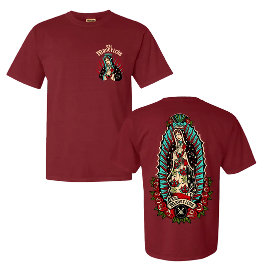 Maroon t-shirt featuring religious imagery on front and back.