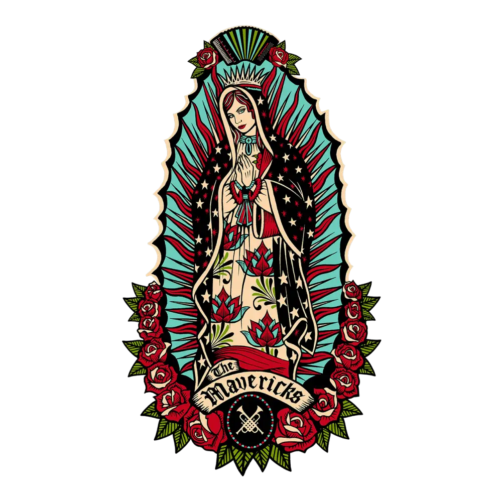 Stylized illustration of the Virgin of Guadalupe surrounded by roses and decorative elements.