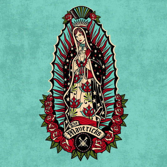 Stylized illustration of the Virgin of Guadalupe surrounded by roses and decorative elements.