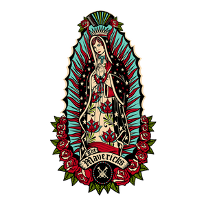 Stylized illustration of the Virgin of Guadalupe surrounded by roses and decorative elements.