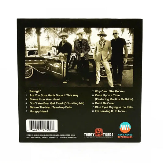 Back cover of a music album featuring a black and white photograph of four men in suits and hats standing next to a car, along with a track listing.