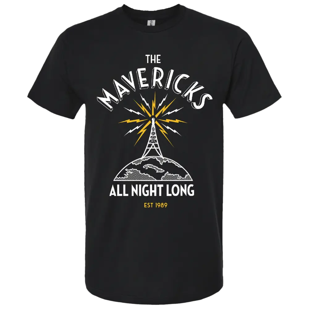 Black t-shirt with ’The Mavericks All Night Long’ design featuring a radio tower graphic.