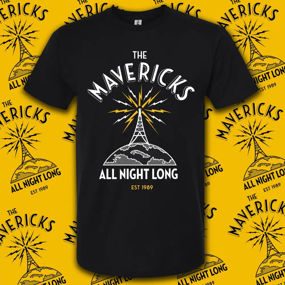 Black t-shirt featuring ’The Mavericks’ logo with an Eiffel Tower design and text ’All Night Long Est. 1989’’.