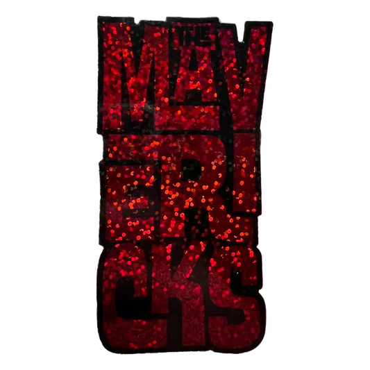 Glittery red text patch spelling out ’MAVERICKS’ vertically.