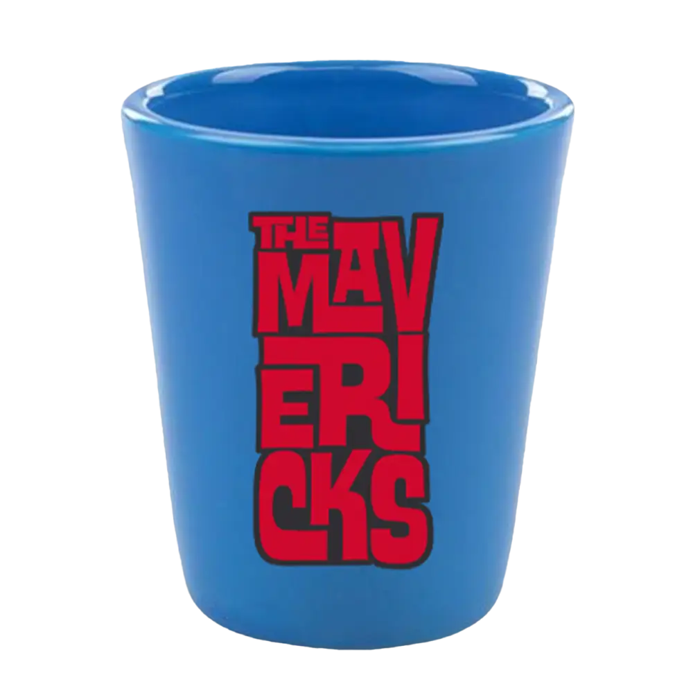 Blue shot glass with ’THE MAVERICKS’ printed in red lettering.