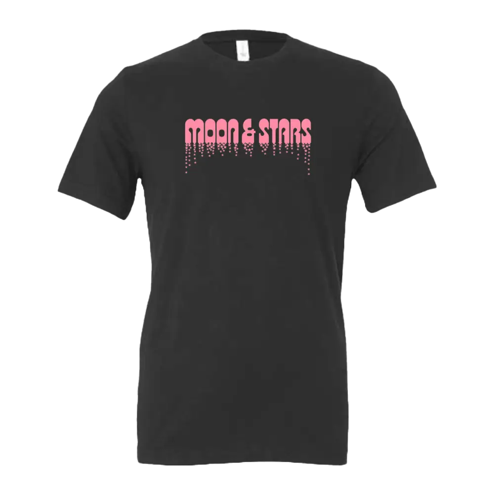 Black t-shirt with pink ’MOON & STARS’ text dripping downward.