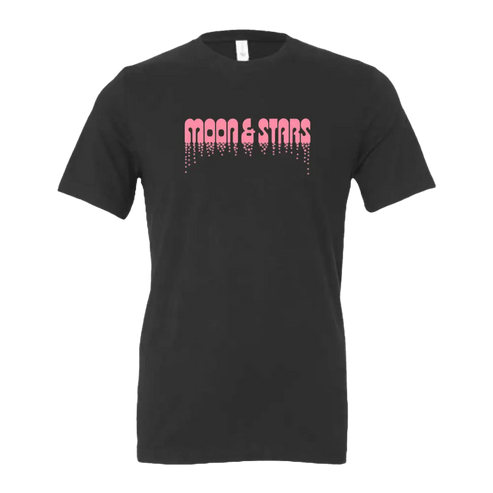 Black t-shirt with pink ’MOON & STARS’ text dripping downward.