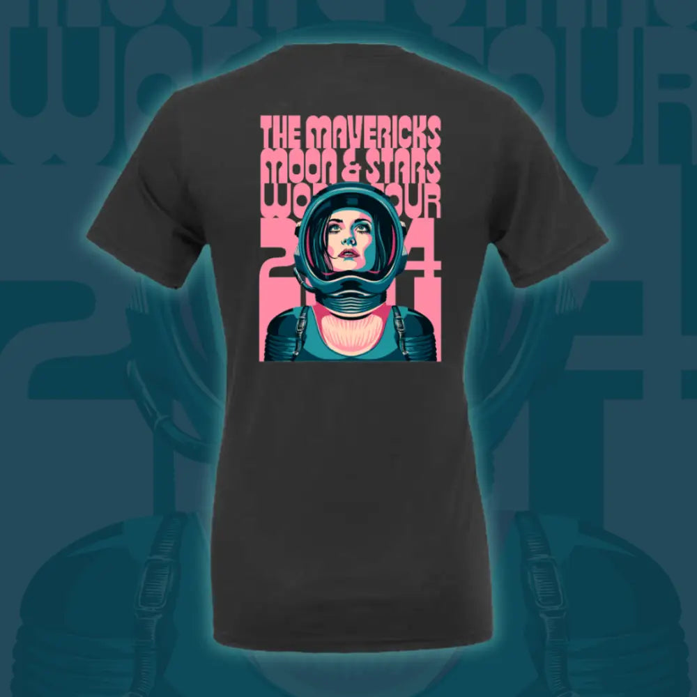 Dark t-shirt featuring a retro-style graphic design of an astronaut with pink and teal colors.