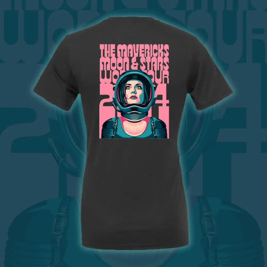 Dark t-shirt featuring a retro-style graphic design of an astronaut with pink and teal colors.