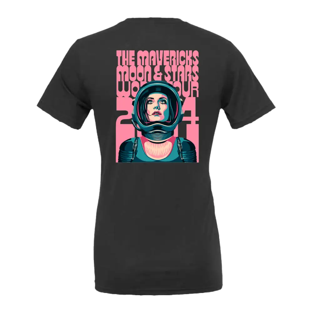 Black t-shirt with a pink and teal graphic design featuring an astronaut helmet.