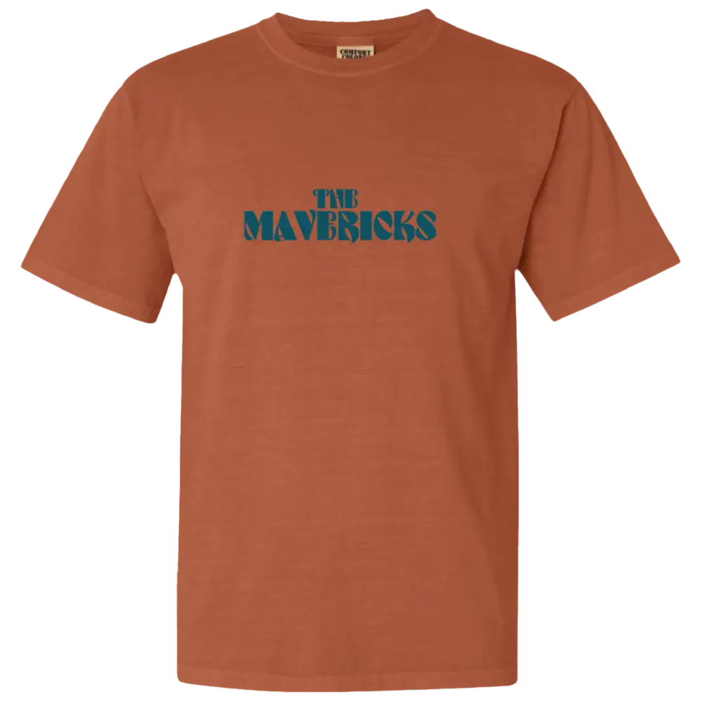 Rust-colored t-shirt with ’THE MAVERICKS’ printed in green text on the front.