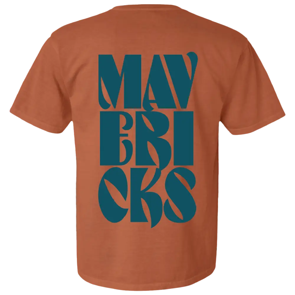 Orange t-shirt with teal ’MAVERICKS’ text stylized vertically on the back.