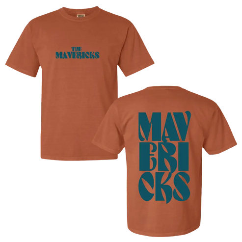 Rust-colored t-shirt with teal ’The Mavericks’ text on front and stylized ’Mavericks’ on back.