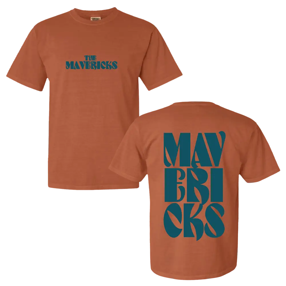 Rust-colored t-shirt with teal ’The Mavericks’ text on front and stylized ’Mavericks’ on back.