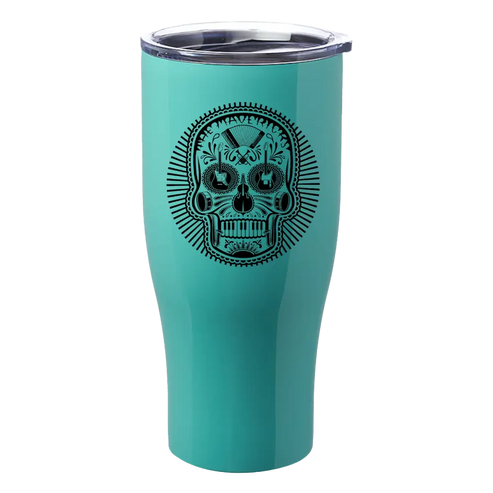 Teal insulated tumbler with a black sugar skull design on the front.