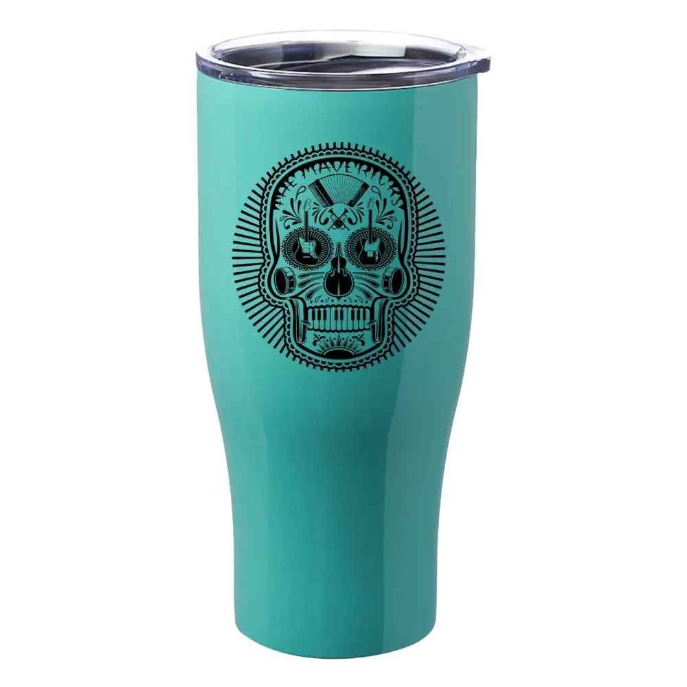 Teal insulated tumbler with a black sugar skull design on the front.