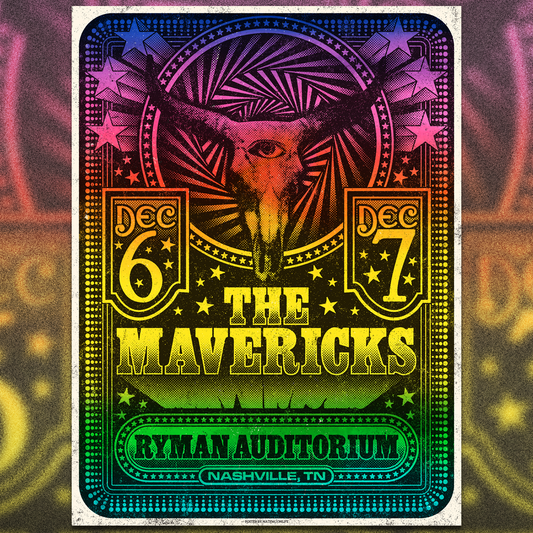 Colorful concert poster for 'The Mavericks' at the Ryman Auditorium with a rainbow gradient.