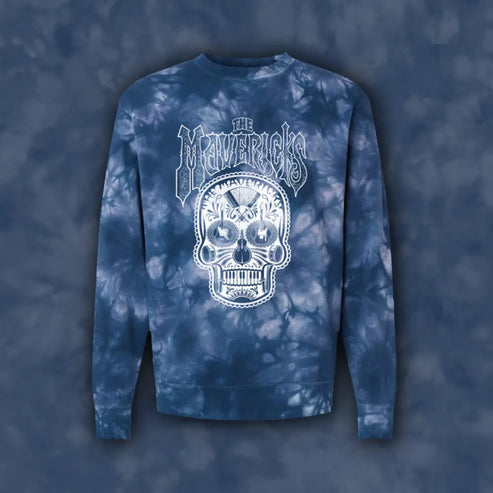 Blue tie-dye sweatshirt with skull graphic.