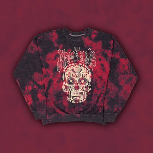 Tie-dyed sweatshirt featuring a skull design and ’Mavericks’ text.
