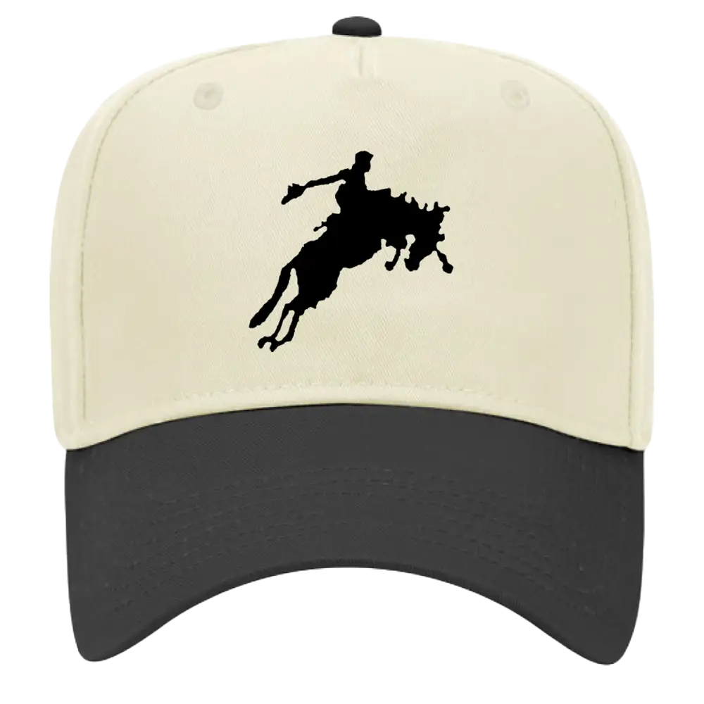 Two-tone baseball cap with rodeo silhouette.