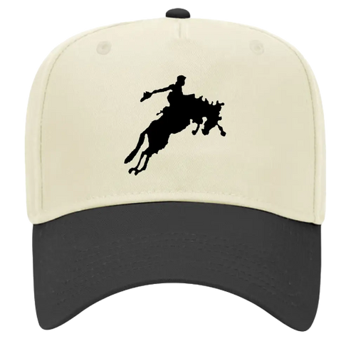 Two-tone baseball cap with rodeo silhouette.