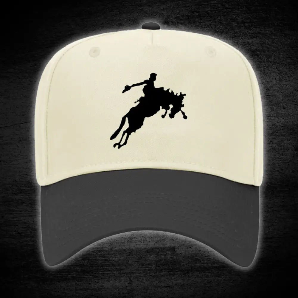 Two-tone baseball cap with rodeo silhouette.